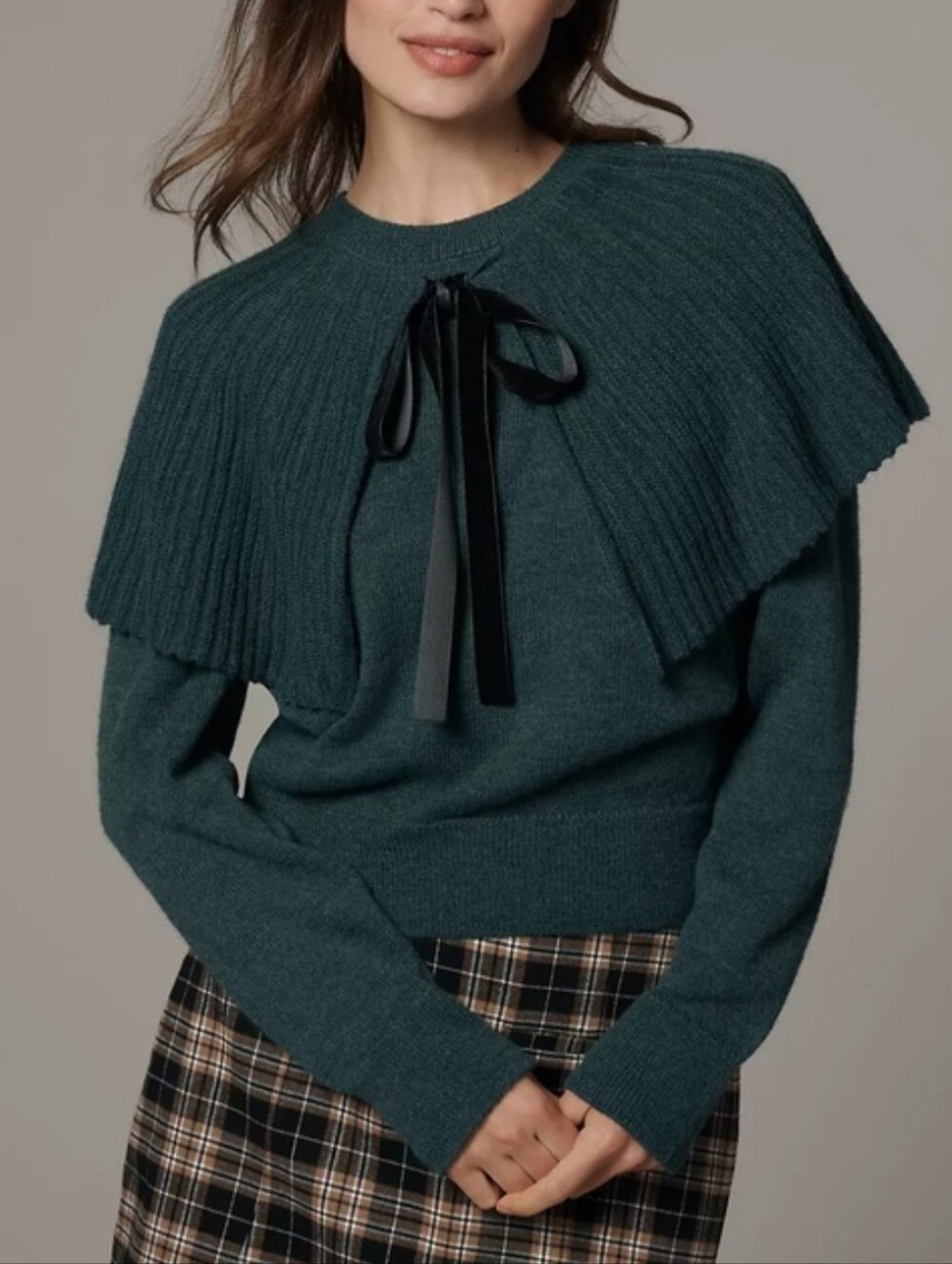 Anthropologie Maeve Tie-neck Ribbed Cape Sweater Emerald Green XXS